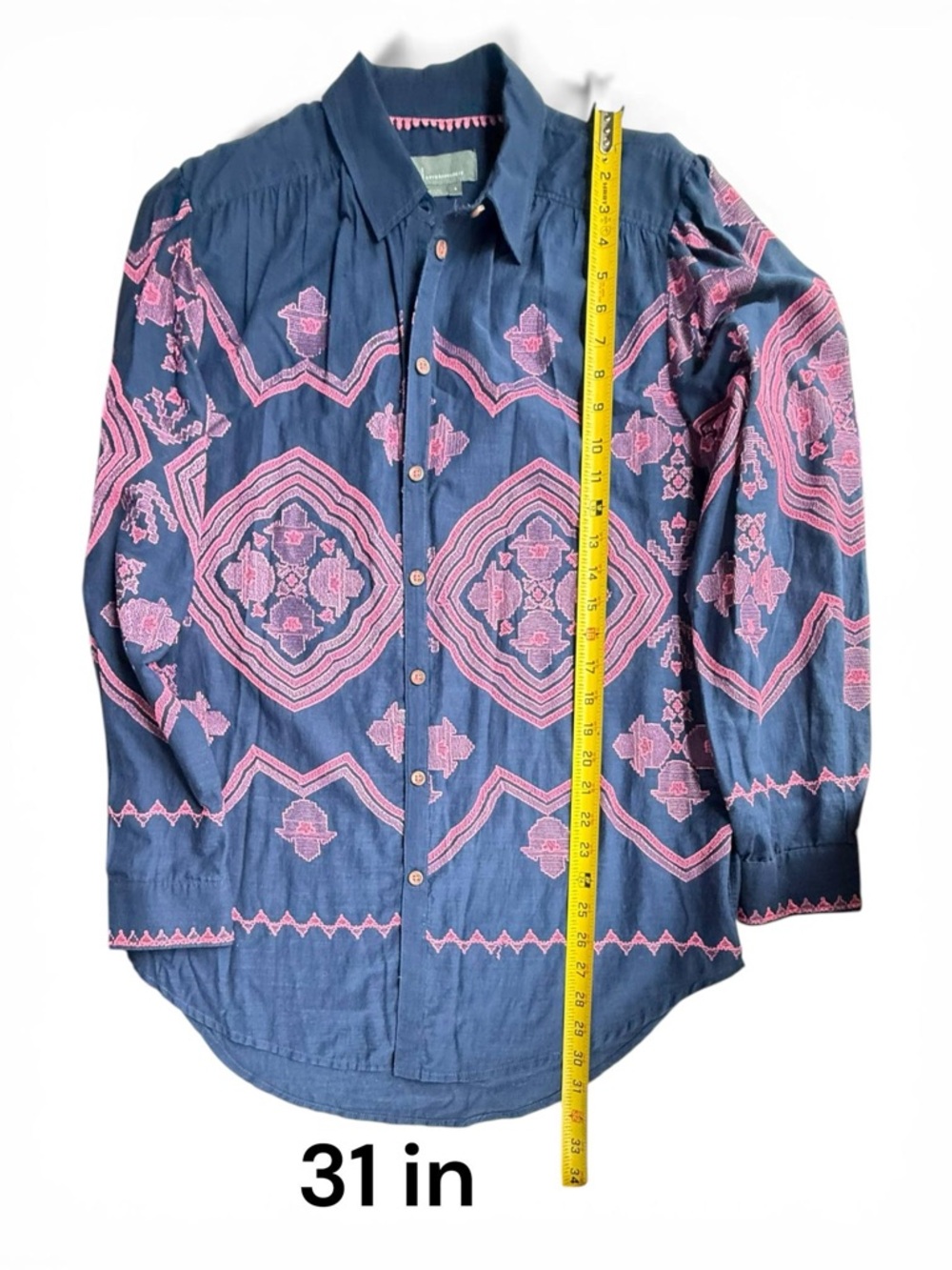 Anthropologie Shirt Women Blue Embroidered Relaxed Button Up Size S - Picture 11 of 13